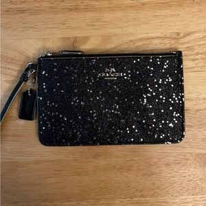 Coach Black Glitter Star Zip Wristlet Signature Coach Logo Badge